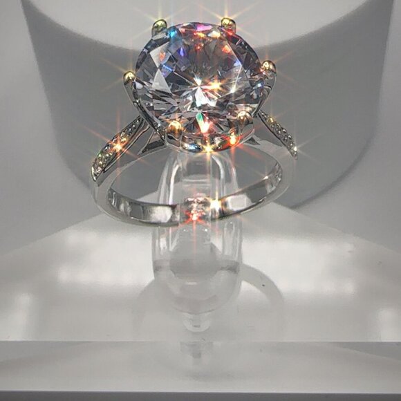 Round Cut Simulated Diamond Engagement Ring With Pave Band In Silver Tone 4CT - Picture 1 of 14